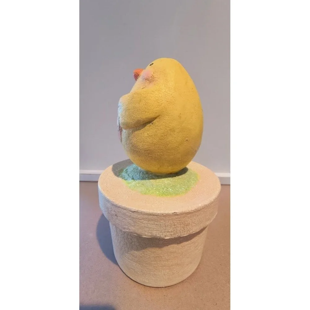 Easter Chick Figurine on Crackle Finish Paper Pulp‎ Pot Container Spring Decor